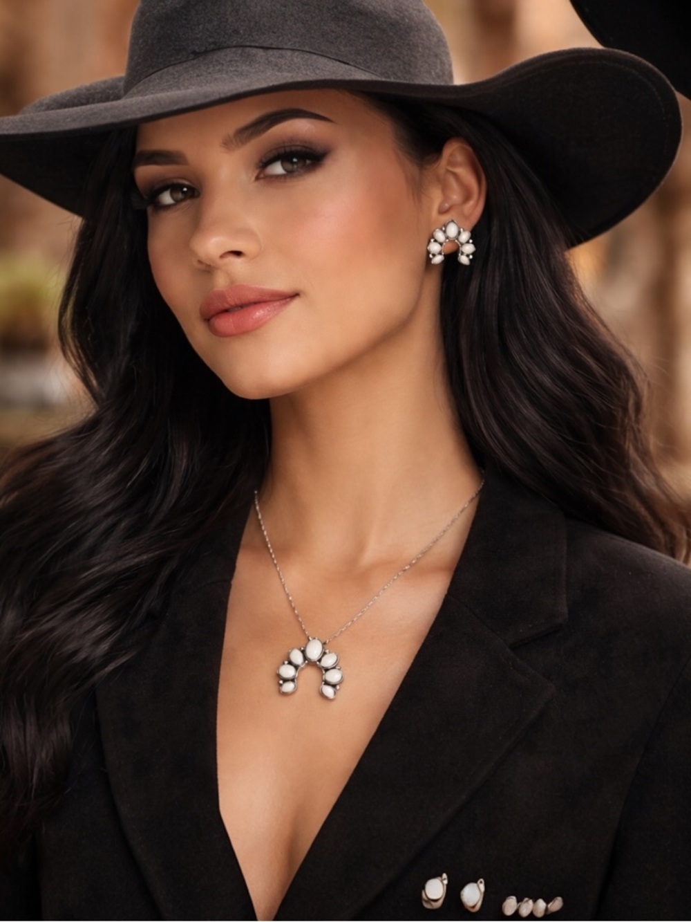 Squash Blossom Turquoise Necklace Earring Set Western Boho White Buffalo Silver